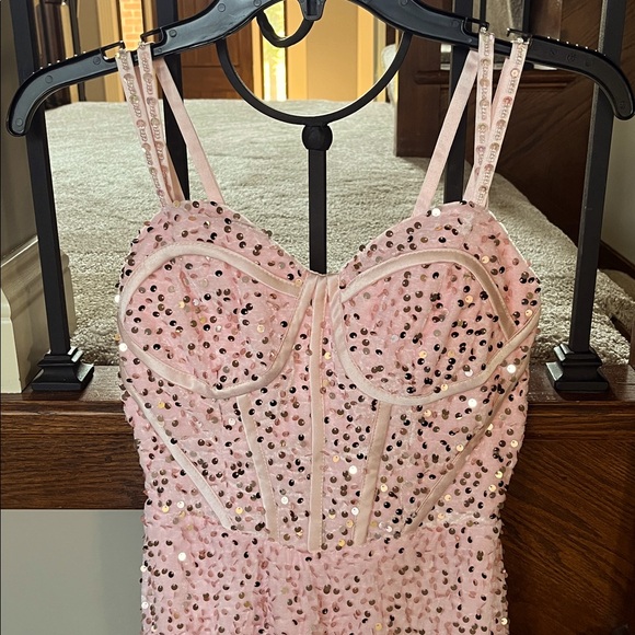 Sparkly sequin mermaid Elegant Pink Prom Dress long slit corset evening gown - Picture 3 of 5